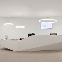 Load image into Gallery viewer, Alphabet of Light LED Circular Suspension Light in office.

