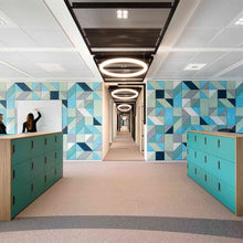 Load image into Gallery viewer, Alphabet of Light LED Circular Suspension Light in office.
