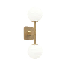 Load image into Gallery viewer, Tacoma Twin LED Wall Light in Antique Brass/White Ribbed Glass.
