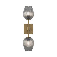 Load image into Gallery viewer, Tacoma Twin LED Wall Light in Antique Brass/Tulip Ribbed Glass.
