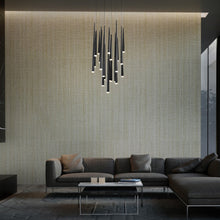 Load image into Gallery viewer, Cascade Etched Glass Round LED Chandelier in living room.
