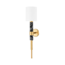 Load image into Gallery viewer, Solstice Wall Light in Vintage Brass/Black Marble.
