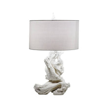 Load image into Gallery viewer, Driftwood Table Lamp with Linen Shade in Detail.
