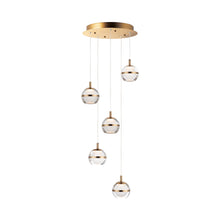 Load image into Gallery viewer, Swank LED Multi-Light Pendant Light in 5-Light/Natural Aged Brass.
