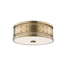 Load image into Gallery viewer, Gaines Flush Mount Ceiling Light in 3-Light/Aged Brass.
