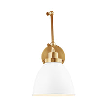Load image into Gallery viewer, Wellfleet Adjustable Dome Wall Light in Matte White and Burnished Brass.
