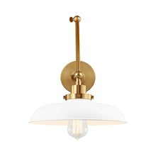 Load image into Gallery viewer, Wellfleet Adjustable Wide Wall Light in Matte White and Burnished Brass.
