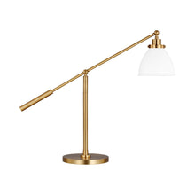 Load image into Gallery viewer, Wellfleet Dome LED Desk Lamp in Matte White and Burnished Brass.
