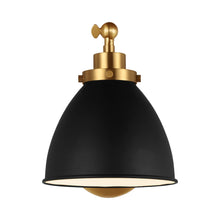 Load image into Gallery viewer, Wellfleet Dome Wall Light in Midnight Black and Burnished Brass.
