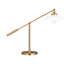 Load image into Gallery viewer, Wellfleet Wide LED Desk Lamp in Matte White and Burnished Brass.
