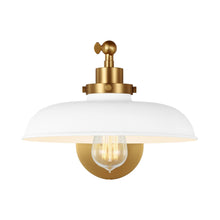 Load image into Gallery viewer, Wellfleet Wide Wall Light in Matte White and Burnished Brass.
