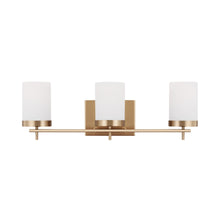 Load image into Gallery viewer, Zire Vanity Wall Light in Satin Brass (3-Light).
