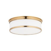 Load image into Gallery viewer, Geneva Flush Mount Ceiling Light in 3-Light/Aged Brass.
