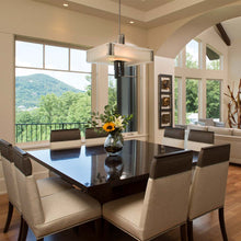 Load image into Gallery viewer, Carlyle Square Chandelier in living room.

