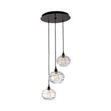 Load image into Gallery viewer, Coppa Round Multi Light Pendant Light in Matte Black/Clear Glass (3-Light).
