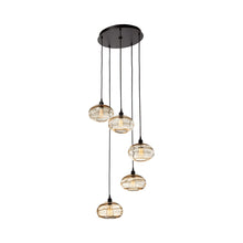 Load image into Gallery viewer, Coppa Round Multi Light Pendant Light in Matte Black/Amber Class (5-Light).
