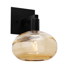 Load image into Gallery viewer, Coppa Wall Light in Matte Black/Amber Glass.
