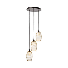 Load image into Gallery viewer, Ellisse Round Multi Light Pendant Light in Matte Black/Optic Blown Glass - Amber (3-Light).
