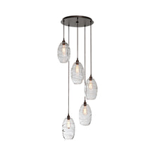 Load image into Gallery viewer, Ellisse Round Multi Light Pendant Light in Flat Bronze/Optic Blown Glass - Clear (5-Light).
