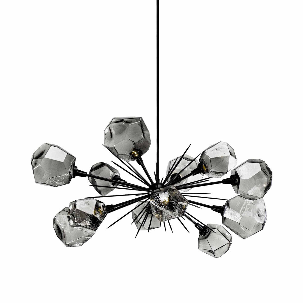 Gem Oval Starburst LED Chandelier in Matte Black/Smoke Glass.