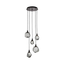Load image into Gallery viewer, Gem Round LED Multi Light Pendant Light in Matte Black/Blown Glass Gem - Smoke (5-Light).
