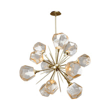 Load image into Gallery viewer, Gem Starburst LED Chandelier in Heritage Brass/Amber Glass.
