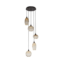 Load image into Gallery viewer, Misto Round Multi Light Pendant Light in Matte Black/Amber Glass (5-Light).
