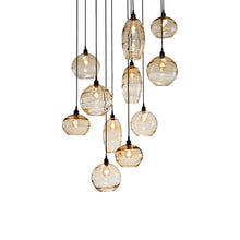 Load image into Gallery viewer, Misto Round Multi Light Pendant Light in Matte Black/Amber Glass (11-Light).
