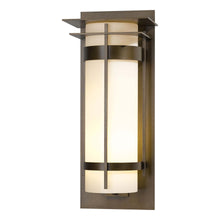 Load image into Gallery viewer, Banded Outdoor Wall Light with Top Plate in Small/Incandescent/Coastal Black/Opal Glass.
