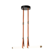 Load image into Gallery viewer, Belmont Linear LED Pendant Light in Small/Short/Antique Brass/Black Leather.
