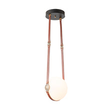 Load image into Gallery viewer, Derby LED Pendant Light in Small/Short/British Brown Leather/Hubbardton Forge Disc/Antique Brass.
