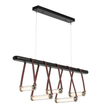 Load image into Gallery viewer, York Linear LED Pendant Light in Polished Nickel/British Brown Leather/Black Wood.

