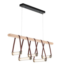 Load image into Gallery viewer, York Linear LED Pendant Light in Polished Nickel/British Brown Leather/Maple Wood.

