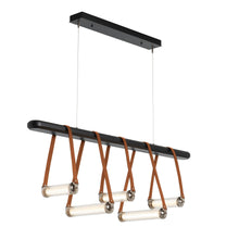 Load image into Gallery viewer, York Linear LED Pendant Light in Polished Nickel/Chestnut Leather/Black Wood.
