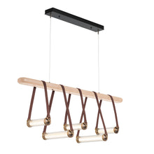 Load image into Gallery viewer, York Linear LED Pendant Light in Antique Brass/British Brown Leather/Maple Wood.
