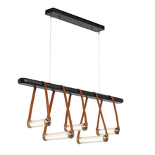 Load image into Gallery viewer, York Linear LED Pendant Light in Antique Brass/Chestnut Leather/Black Wood.
