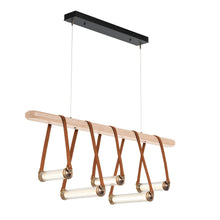 Load image into Gallery viewer, York Linear LED Pendant Light in Antique Brass/Chestnut Leather/Maple Wood.
