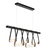 Load image into Gallery viewer, York Linear LED Pendant Light in Antique Brass/Black Leather/Black Wood.
