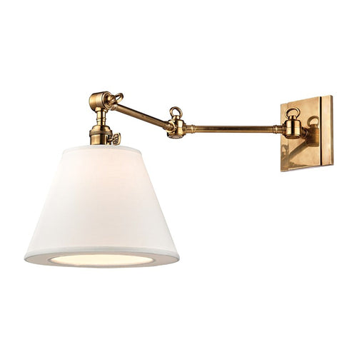 Hillsdale Swing Arm Wall Light in Aged Brass.