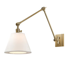Load image into Gallery viewer, Hillsdale Swing Arm Wall Light in 34-Inch/Aged Brass.
