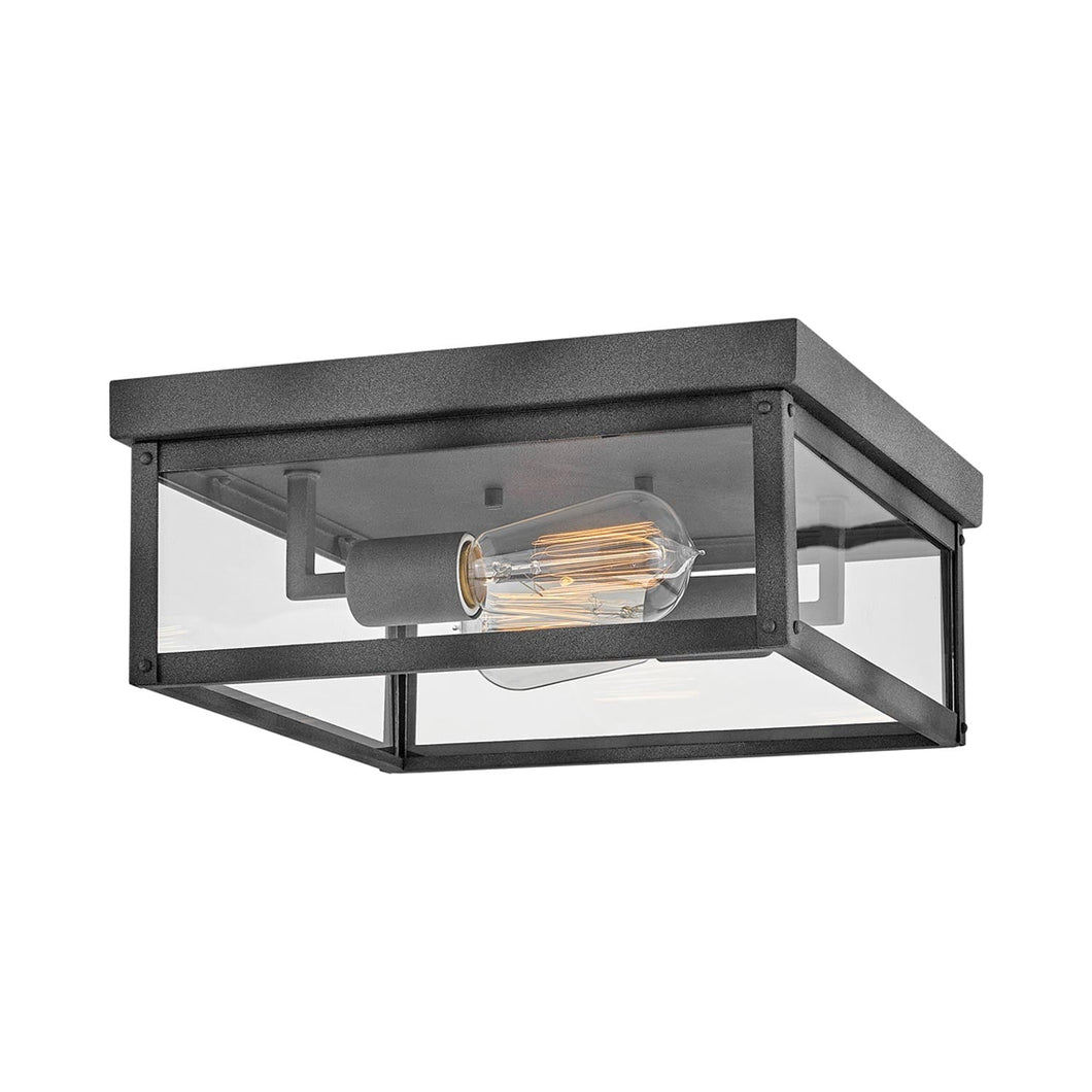 Beckham Outdoor Flush Mount Ceiling Light in Aged Zinc.