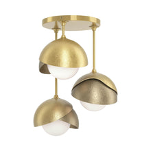 Load image into Gallery viewer, Brooklyn 3-Light Double Shade Semi Flush Mount Ceiling Light in Modern Brass/Soft Gold.
