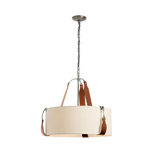 Load image into Gallery viewer, Saratoga Oval Pendant Light in Polished Nickel/Leather Chestnut/Natural Linen (Small).

