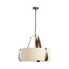 Load image into Gallery viewer, Saratoga Oval Pendant Light in Antique Brass/Leather British Brown/Natural Linen (Small).
