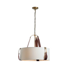 Load image into Gallery viewer, Saratoga Oval Pendant Light in Antique Brass/Leather British Brown/Natural Anna (Small).
