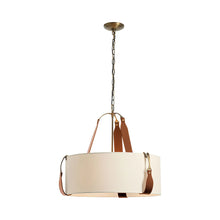 Load image into Gallery viewer, Saratoga Oval Pendant Light in Antique Brass/Leather Chestnut/Natural Linen (Small).
