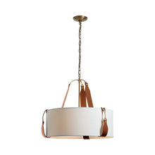 Load image into Gallery viewer, Saratoga Oval Pendant Light in Antique Brass/Leather Chestnut/Natural Anna (Small).
