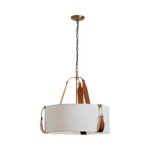 Load image into Gallery viewer, Saratoga Oval Pendant Light in Antique Brass/Leather Chestnut/Light Grey (Small).
