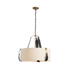 Load image into Gallery viewer, Saratoga Oval Pendant Light in Antique Brass/Leather Black/Natural Linen (Small).
