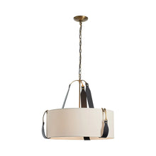 Load image into Gallery viewer, Saratoga Oval Pendant Light in Antique Brass/Leather Black/Flax (Small).
